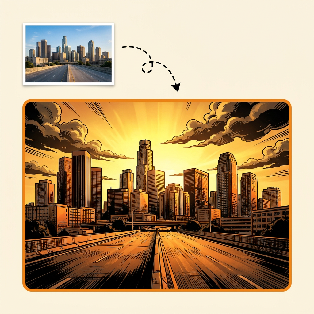 Before and after: a travel photo repainted as an anime-style landscape