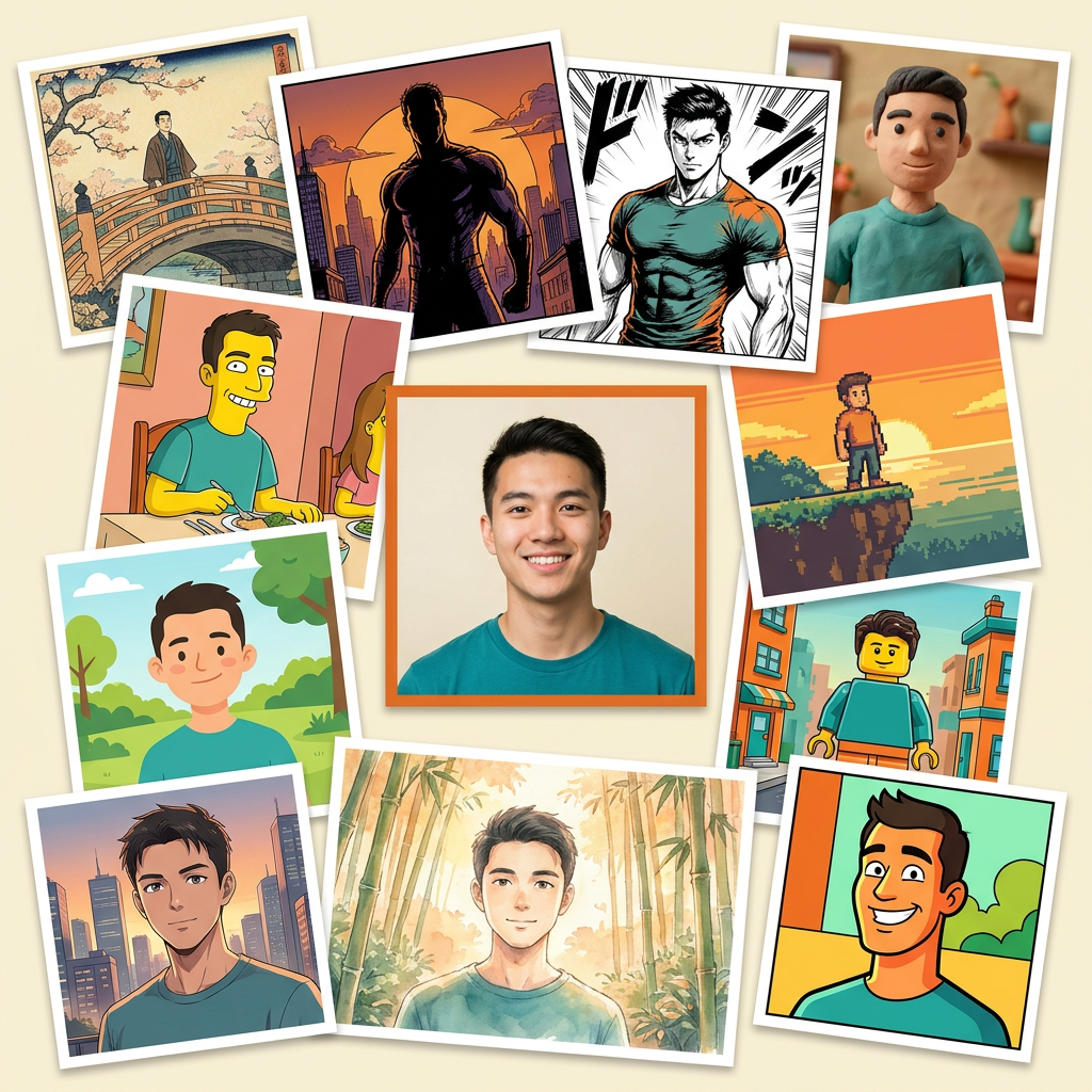 The same portrait rendered in six different cartoon and animation styles