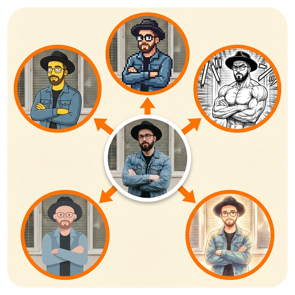 Before and after: a selfie transformed into a colorful 3D cartoon avatar
